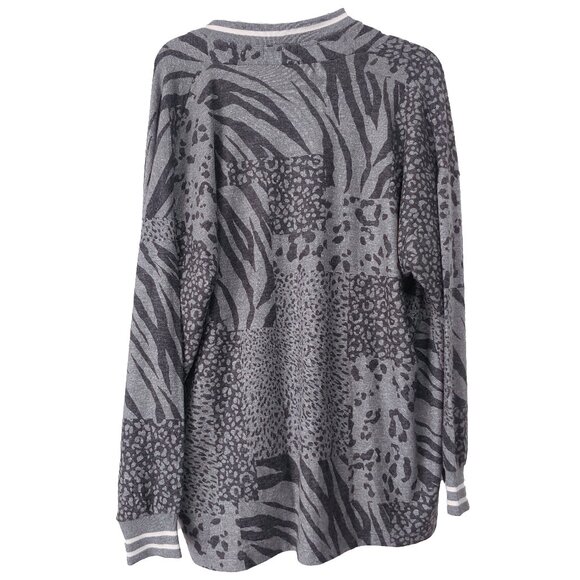 PJ Salvage Cardigan Leopard Grey Collegiate Collar Stripe Oversize Long Sleeve - Picture 2 of 7